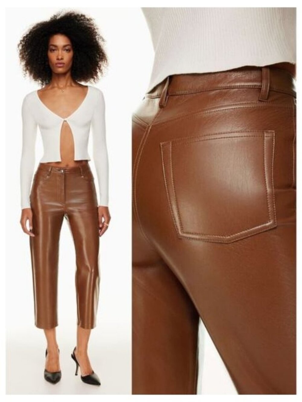 WILFRED Aritzia The Melina Cropped High Rise Vegan Leather Trouser 16 Cognac